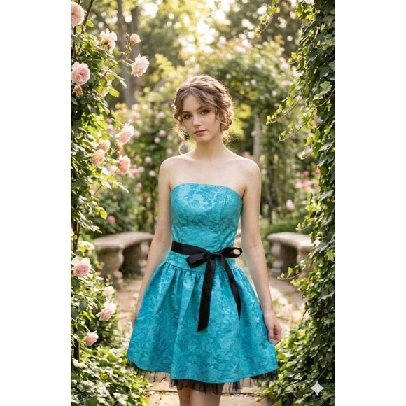 Y2K Vintage Jessica McClintock Gunne Sax Aqua Coquette Floral Mini Prom Dress 3 - Picture 3 of 8